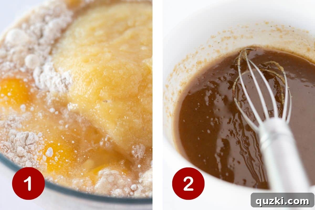 No-Fuss Caramel Apple Upside Down Cake 4 Image showing a step-by-step process of preparing the cake: melting butter for the topping, mixing the spice cake batter, and layering the caramel sauce, apples, and batter into a bundt pan.