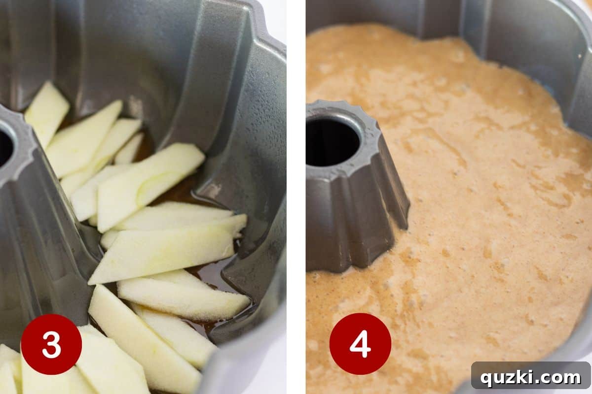 No-Fuss Caramel Apple Upside Down Cake 5 Image showing the final steps of assembling the Apple Upside Down Bundt Cake: the brown sugar mixture and sliced apples are at the bottom of the bundt pan, and the cake batter is being poured over them.