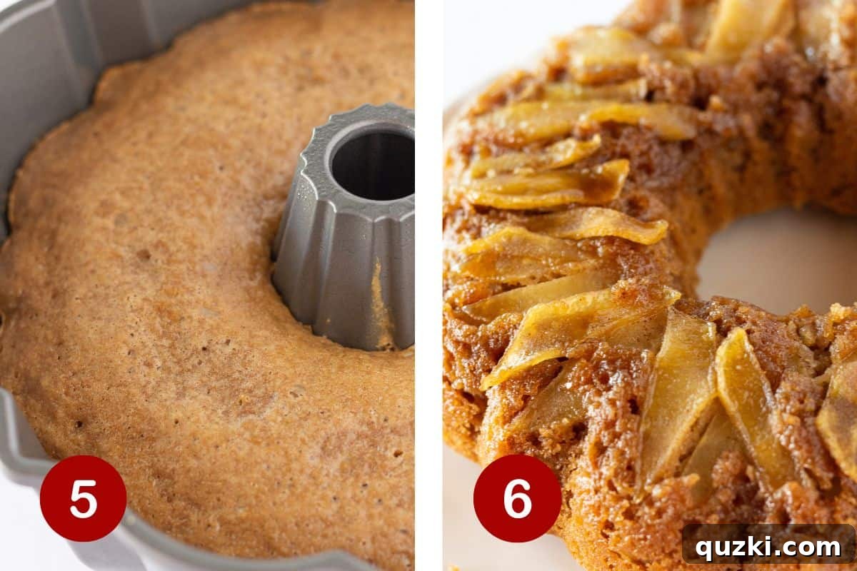 No-Fuss Caramel Apple Upside Down Cake 6 Image showing a freshly baked Apple Upside Down Bundt Cake cooling on a wire rack in its pan, and then being inverted onto a white cake plate to reveal the apple topping.