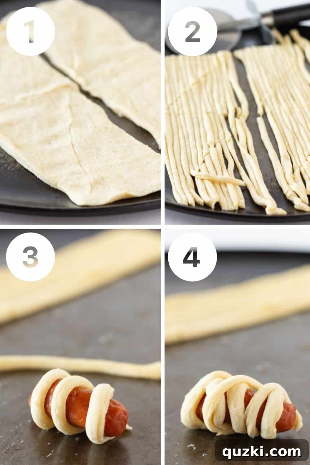 Frightfully Good Mummy Franks 4 Detailed step-by-step image showing how to wrap a little smokie with crescent dough for a mummy.