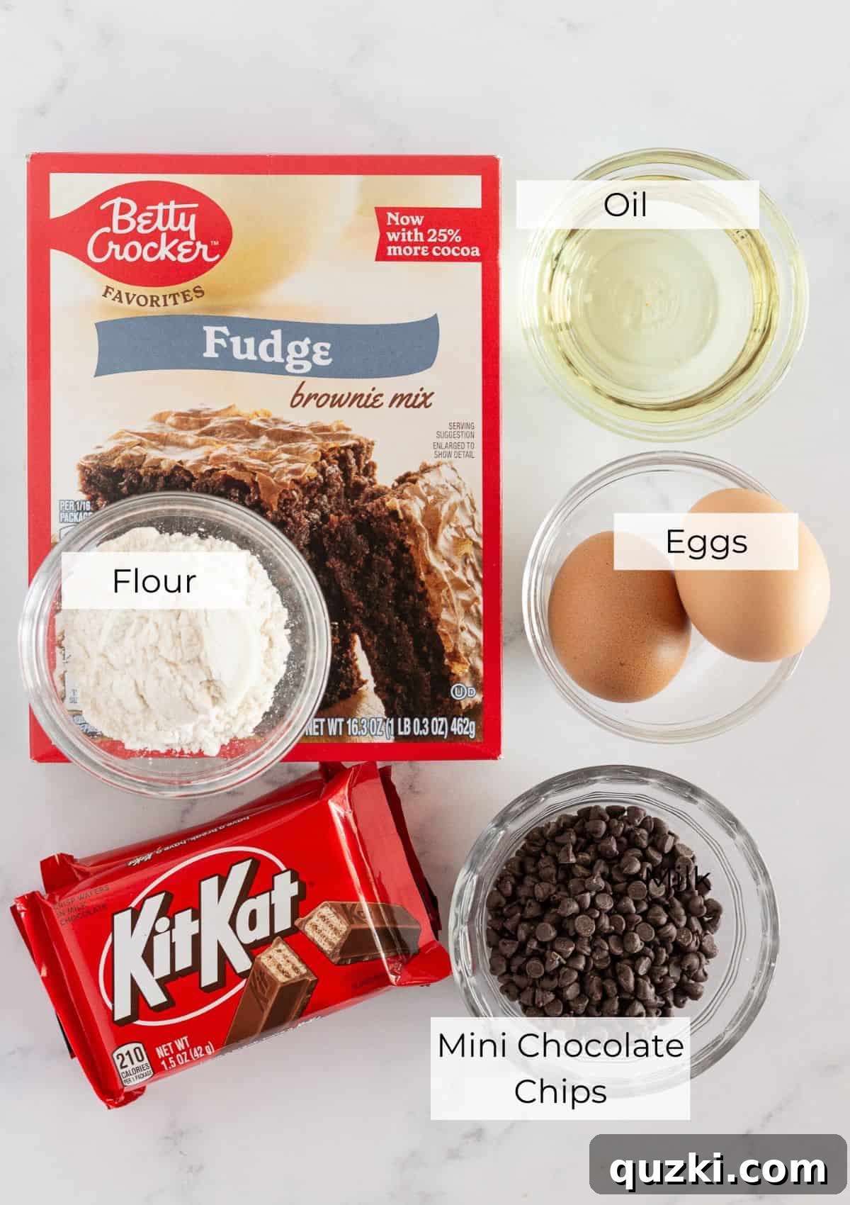 A visual guide to the simple ingredients needed to create delicious Kit Kat cookies.