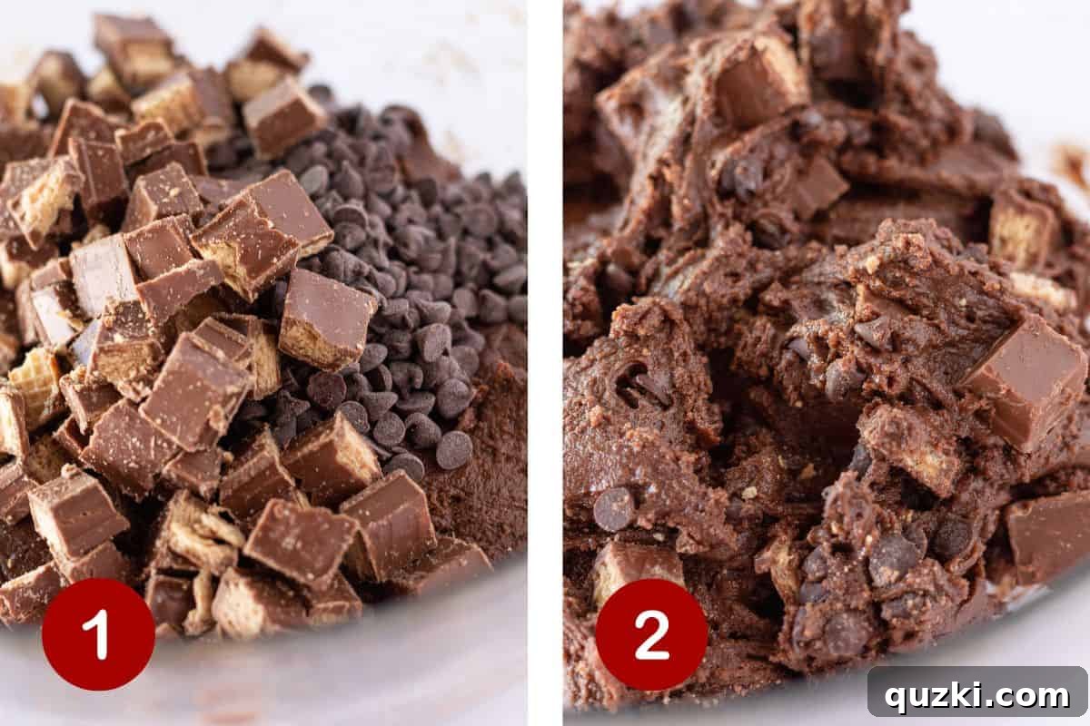 The process of making the Kit Kat brownie cookie dough, showing the mixed dough with inclusions.