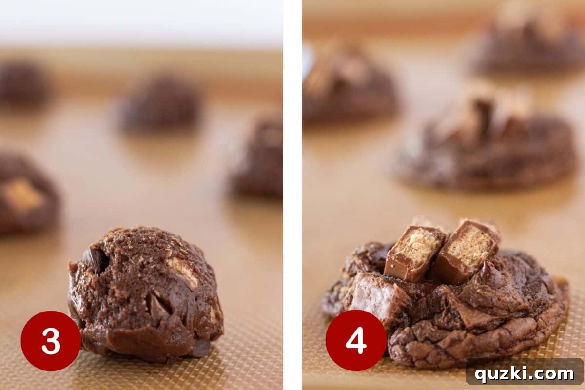 Scooping the cookie dough onto a baking sheet and the cookies baking in the oven.