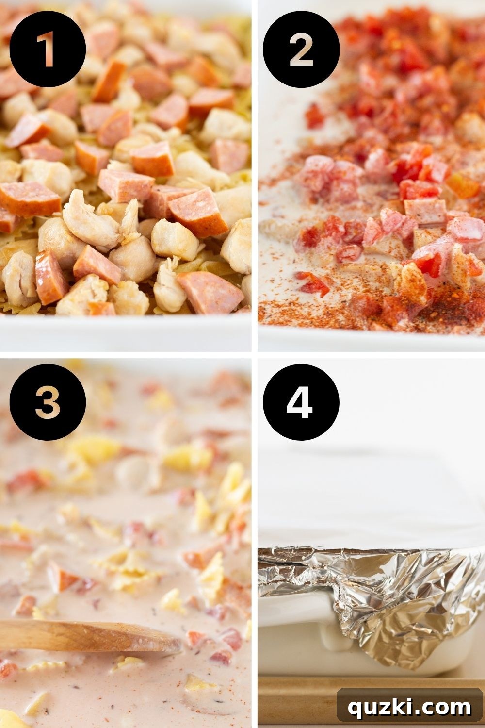 A visual collage showing the four main steps for preparing the Easy Cajun Chicken Pasta Casserole, from assembly to initial bake.