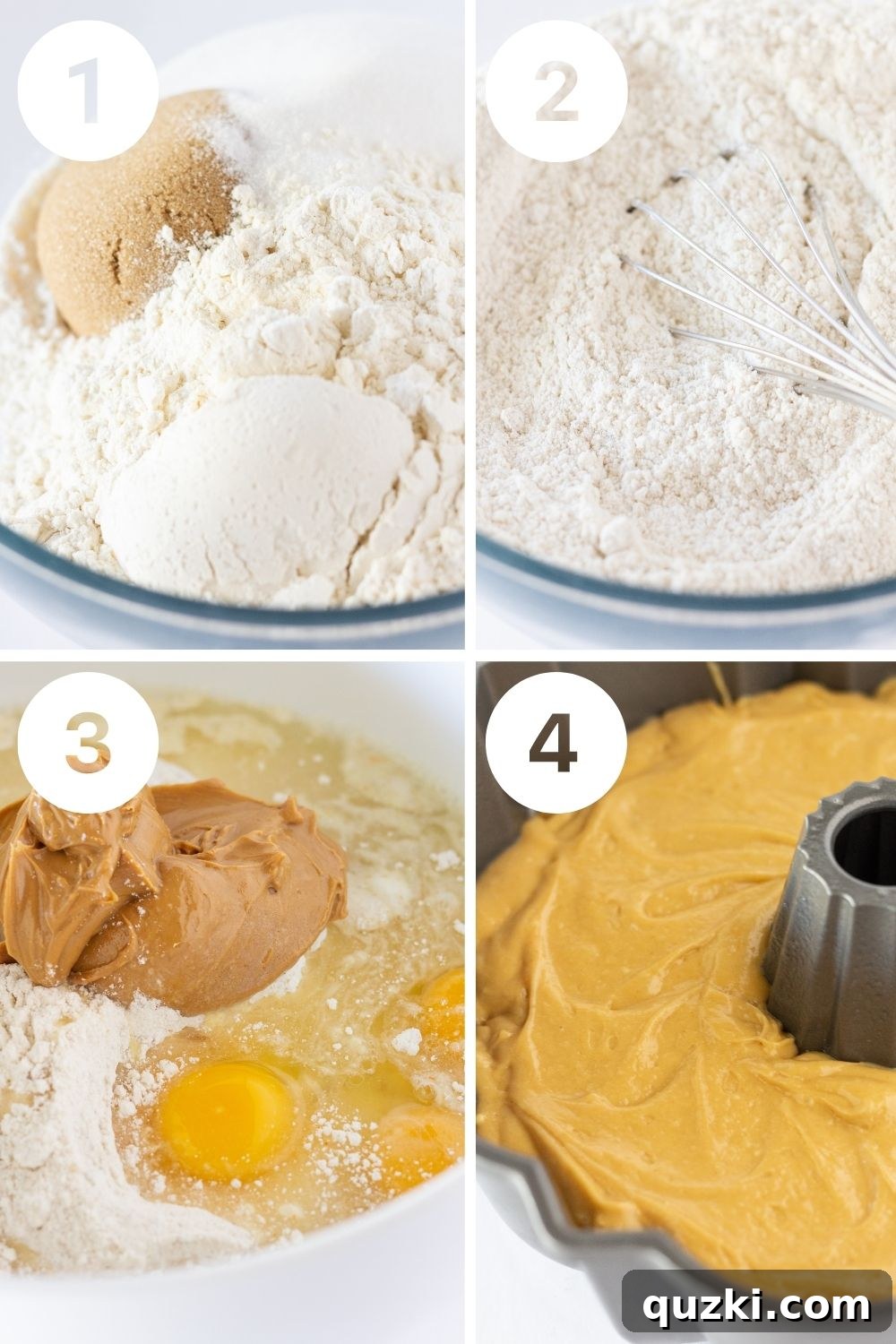 Peanut Butter Texas Sheet Cake Bundt Cake Recipe Made with a Cake Mix by top US dessert blogger, Practically Homemade - Cake batter being poured into a Bundt pan, showing the rich consistency.