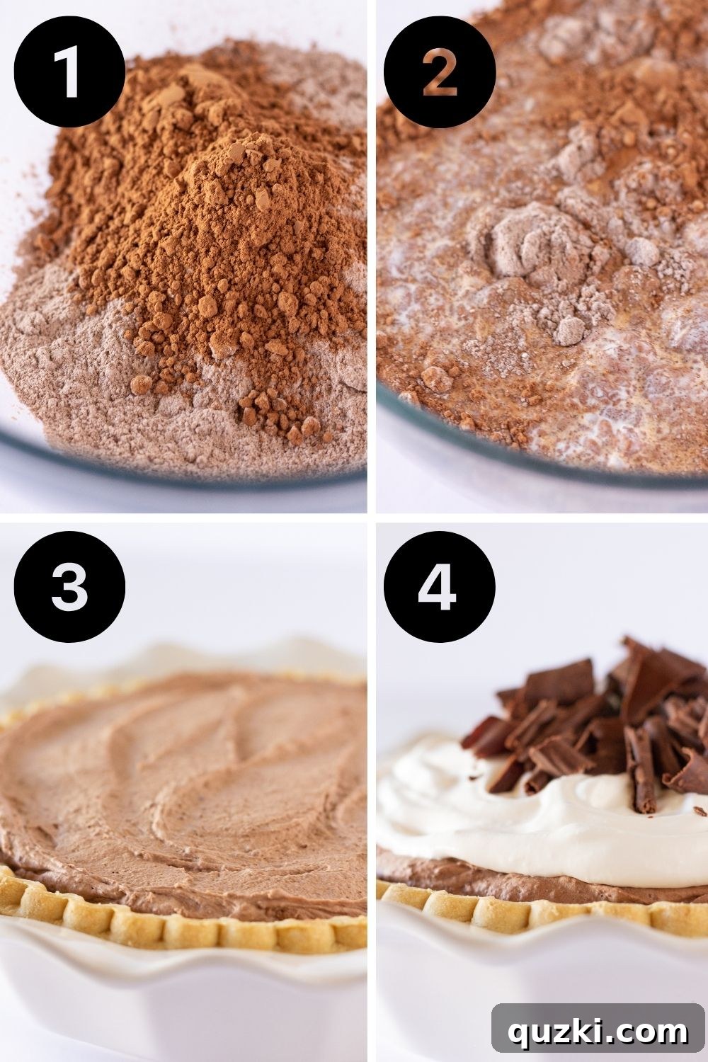 A whole Easy Chocolate Mousse Pie with a beautiful layer of whipped topping and chocolate curls
