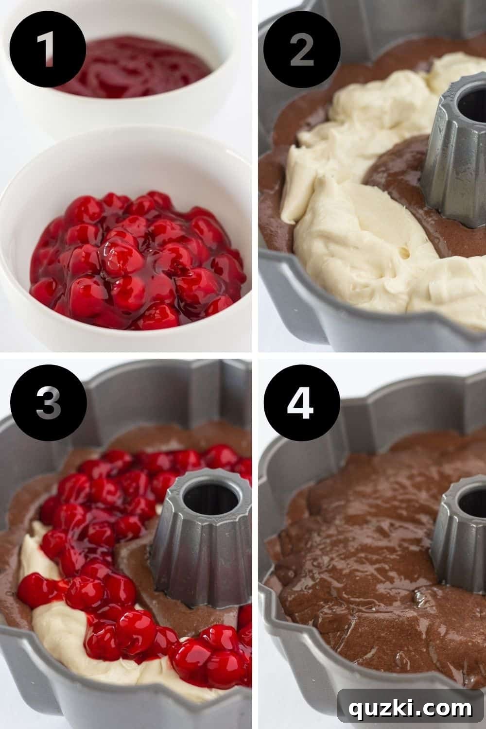 Assembling a Cherry Cheesecake Chocolate Bundt Cake, showing layers of chocolate batter, cheesecake, and cherries in a Bundt pan.