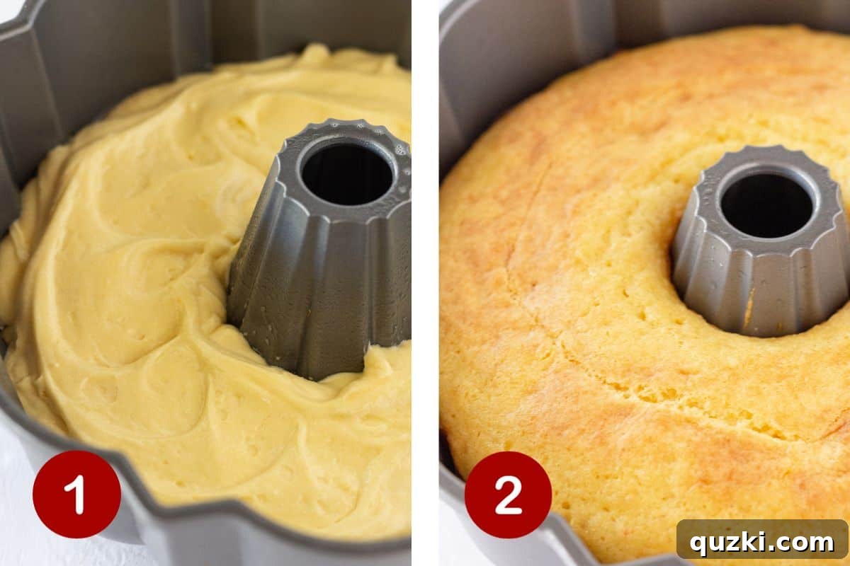 Effortless Boston Cream Pie Poke Cake 4 Two images side by side. On the left, cake batter is being poured into a Bundt pan. On the right, a baked Bundt cake has holes poked into its surface with a wooden spoon handle.