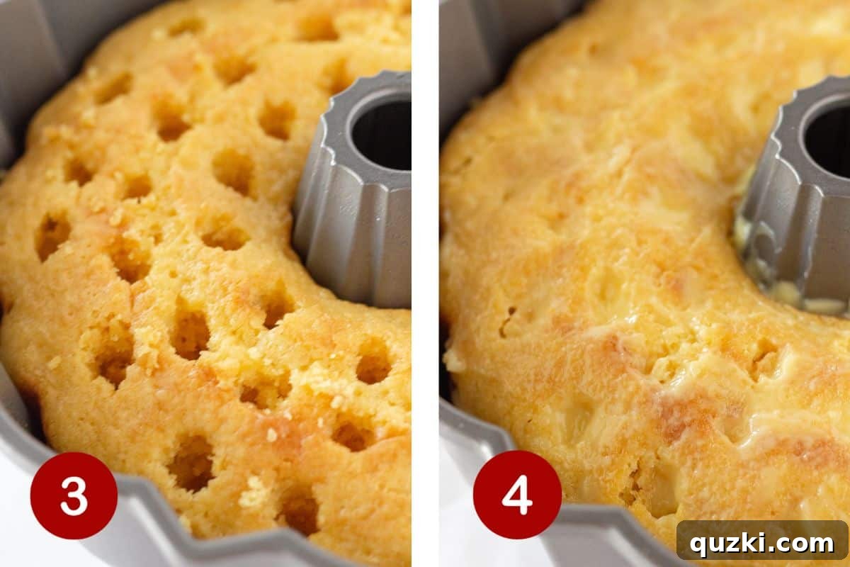 Effortless Boston Cream Pie Poke Cake 5 Two images side by side. On the left, vanilla pudding is being poured over a poke cake in a Bundt pan. On the right, the cake has been inverted onto a serving plate after chilling, ready for ganache.
