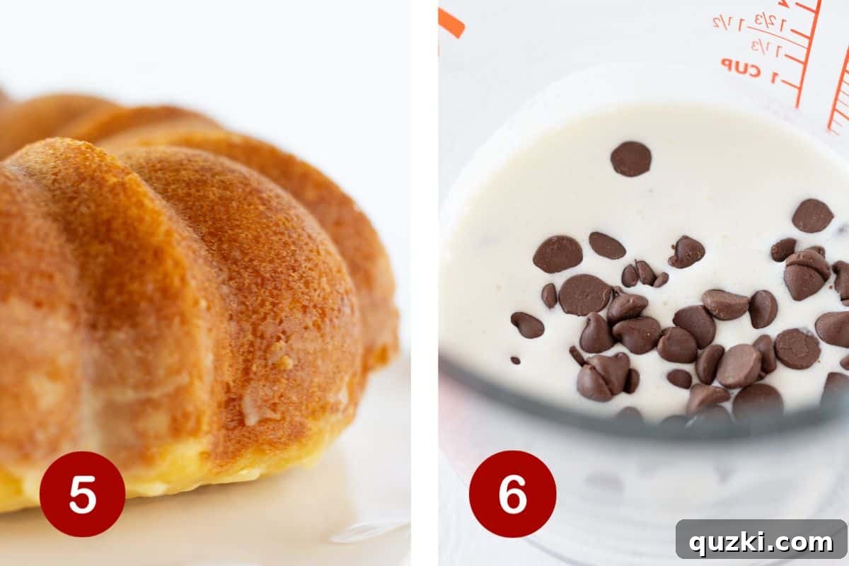 Effortless Boston Cream Pie Poke Cake 6 Two images side by side. On the left, milk chocolate chips and heavy cream are in a glass measuring cup. On the right, the smooth, melted chocolate ganache is being poured over the chilled Bundt cake.