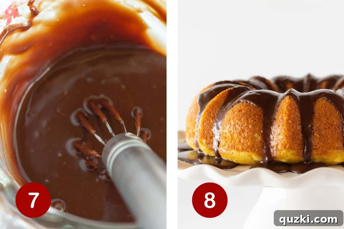Effortless Boston Cream Pie Poke Cake 7 Two images side by side. On the left, smooth chocolate ganache is being drizzled artistically over the Boston Cream Pie Bundt cake. On the right, the finished Boston Cream Pie Poke Cake is beautifully presented, ready to be sliced.