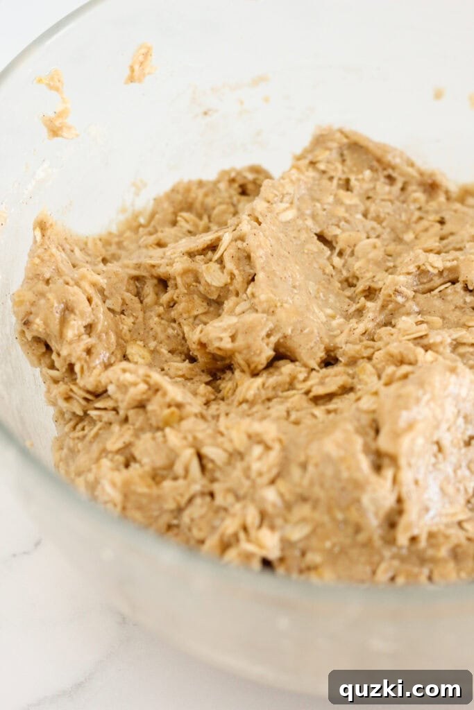 Mixing the thick cake mix oatmeal cookie dough in a bowl.