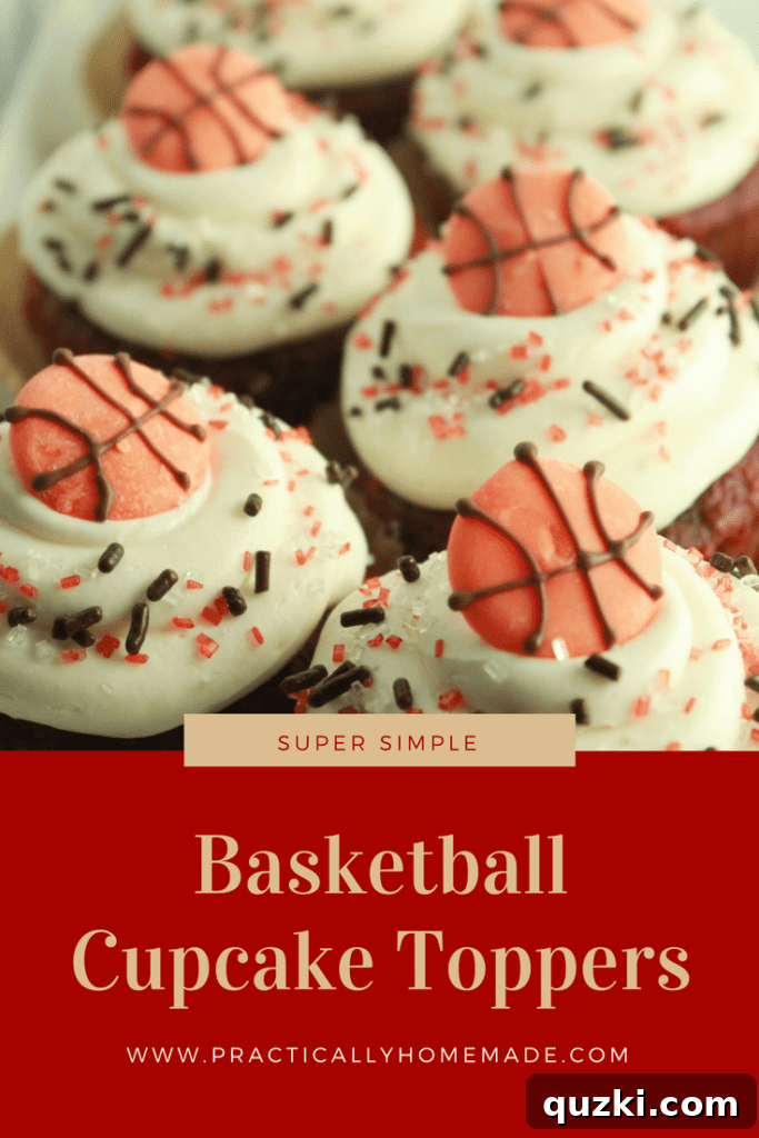 Slam Dunk Cupcake Toppers 2 Easy DIY Basketball Cupcake Toppers made with orange melting wafers and almond bark, perfect for March Madness parties or sports-themed birthdays.
