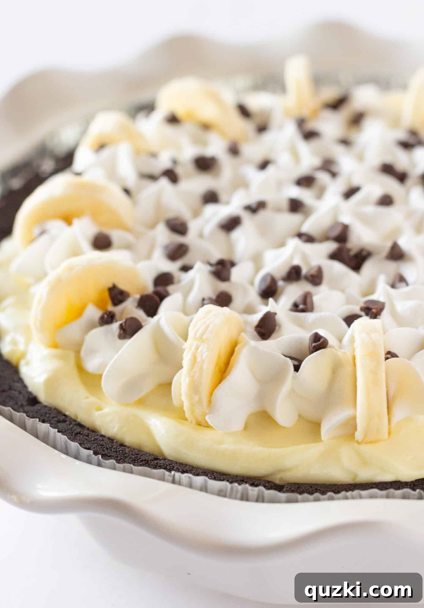 Irresistible Chocolate Chip Banana Cream Pie 2 A stunning Chocolate Chip Banana Cream Pie nestled in a rich chocolate cookie crust, ready to be served.