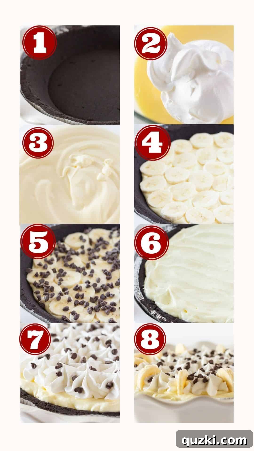 Irresistible Chocolate Chip Banana Cream Pie 4 A visual guide showing the easy steps to assemble a Chocolate Chip Banana Cream Pie using a pudding mix, from crust preparation to final topping.