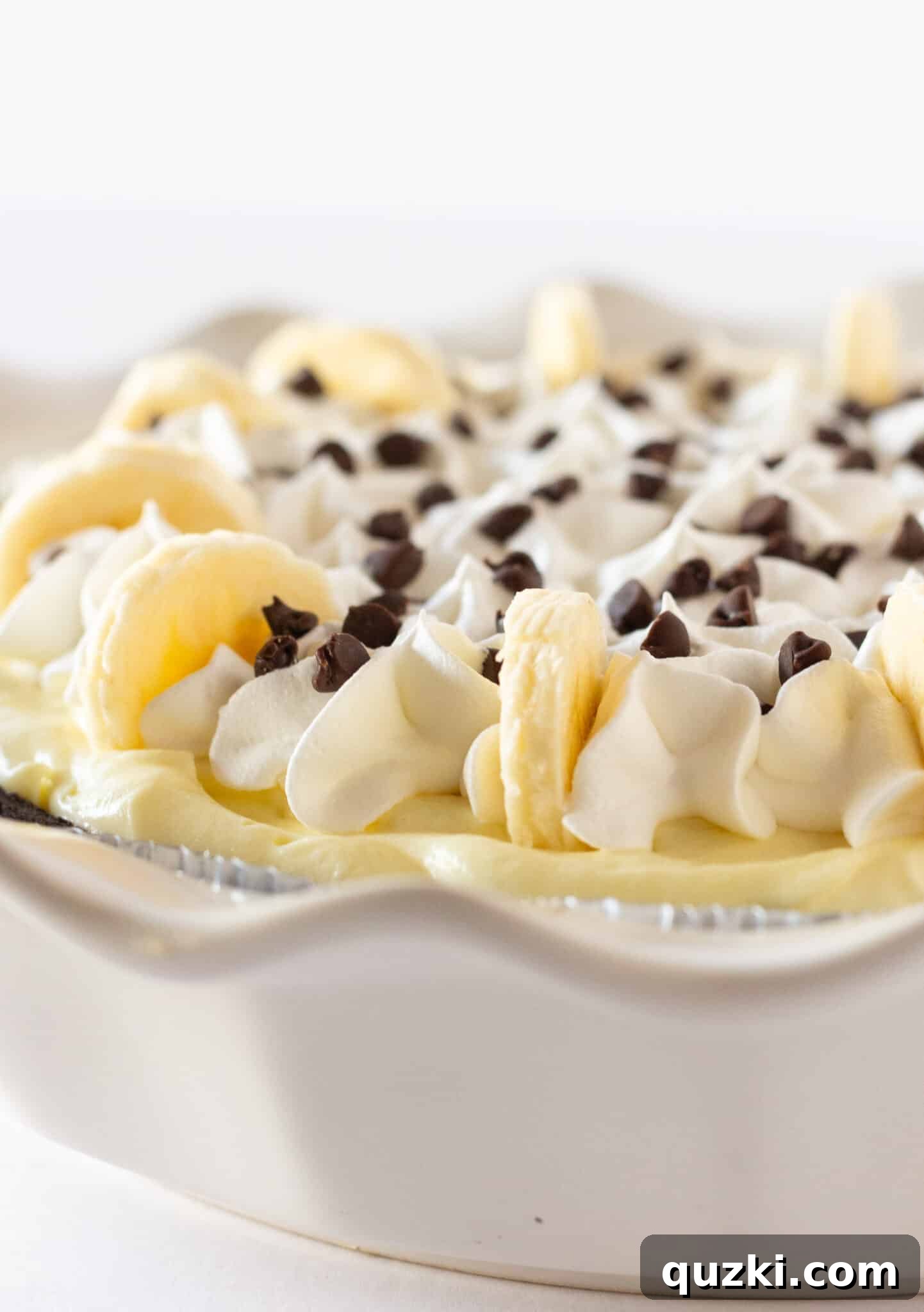 Irresistible Chocolate Chip Banana Cream Pie 5 A whole Chocolate Chip Banana Cream Pie, complete with a chocolate cookie crust, creamy filling, and decorative toppings, sits invitingly in a pie plate.