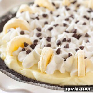 Chocolate Chip Banana Cream Pie Recipe with a Pudding Mix, a Thanksgiving recipe featured by top US dessert blogger, Practically Homemade