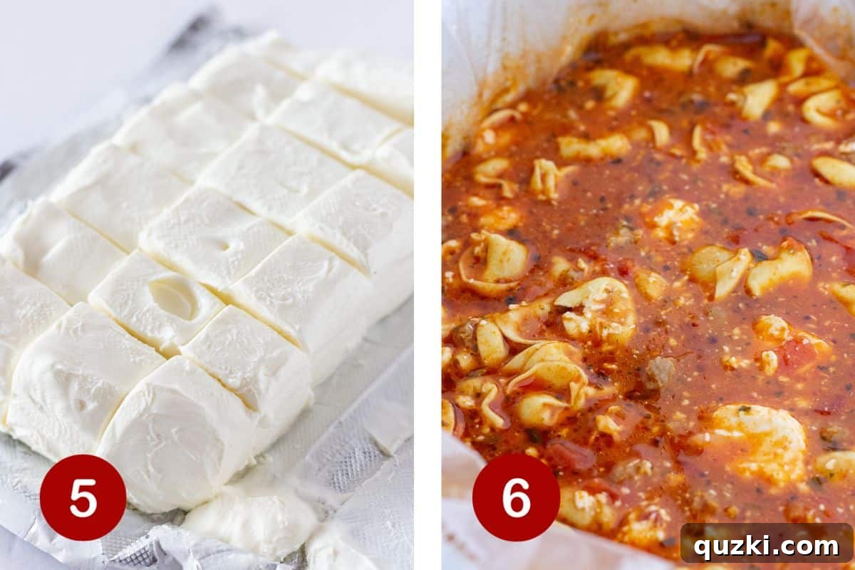 Cozy Slow Cooker Creamy Sausage Tortellini Soup 6 Steps 5 and 6 of making soup. 5, add cream cheese and tortellini. 6, cook and stir until cream cheese is melted.