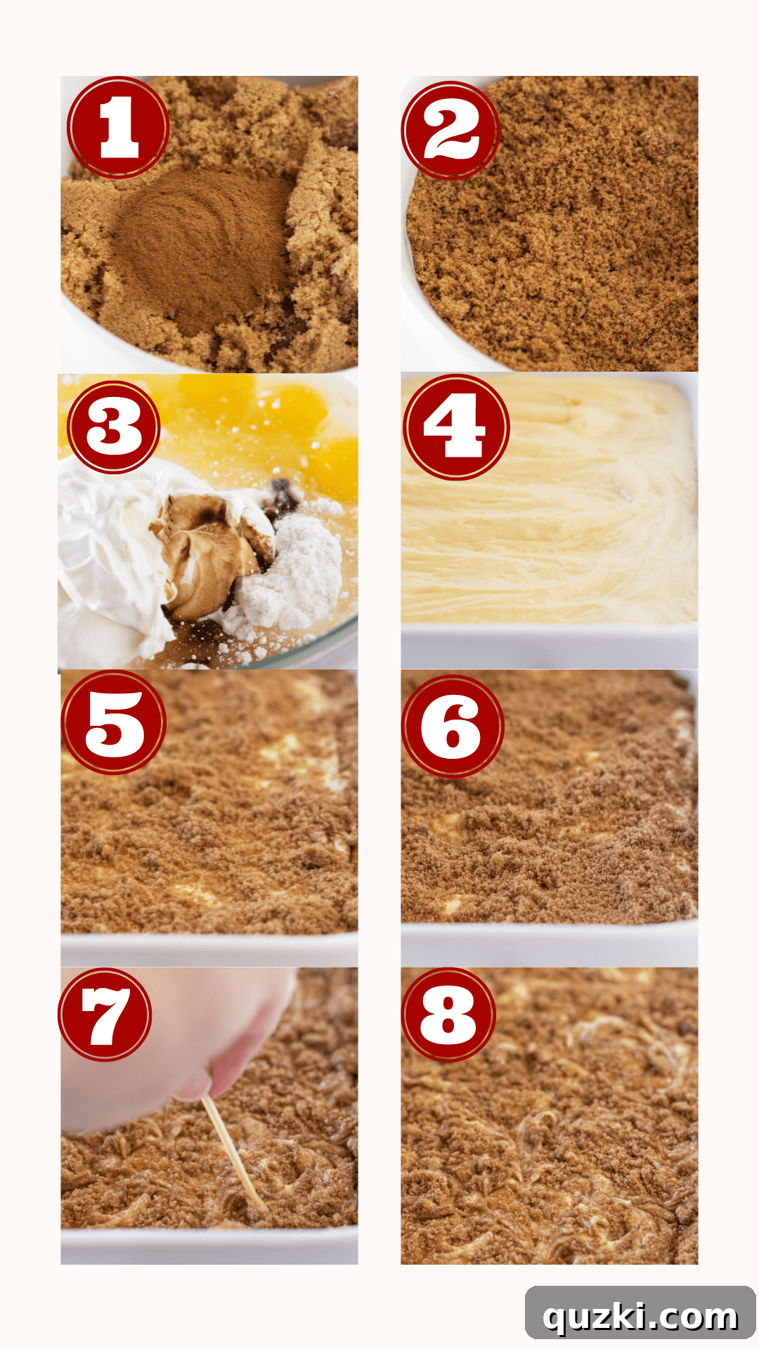 Effortless Cinnamon Roll Cake 4 Eight step-by-step photos illustrating the process of making a delicious cinnamon bun cake from start to finish.