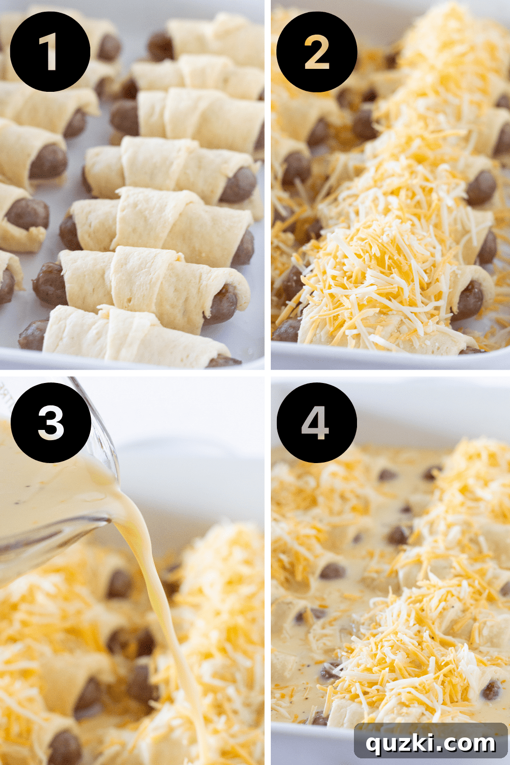 Ultimate Pigs in a Blanket Breakfast Casserole 4 Visual steps for preparing a Pigs in a Blanket Breakfast Casserole, from wrapping sausages to pouring the egg mixture.