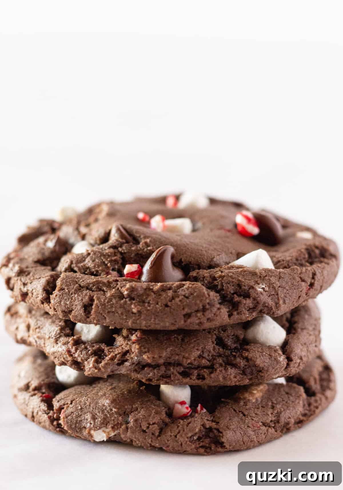 Cake Mix Peppermint Hot Cocoa Cookies 2 Easy Hot Cocoa Peppermint Cookies stacked on each other, showcasing their chocolatey interior and festive toppings.
