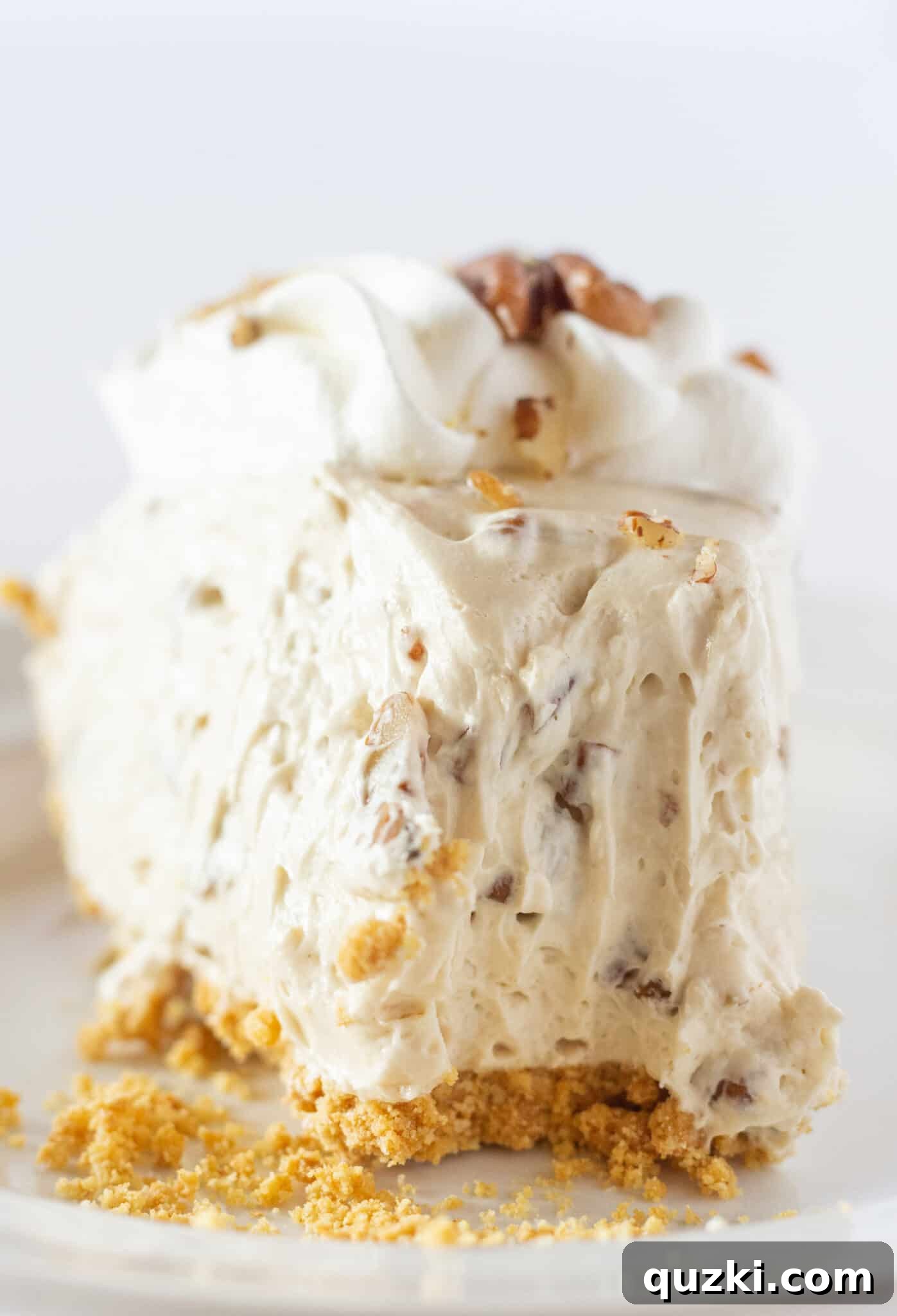 Thanksgiving's Easiest Butter Pecan Cream Pie with Cream Cheese 8 A perfectly portioned slice of Easy Butter Pecan Cream Pie Recipe with Cream Cheese, ready to be enjoyed.