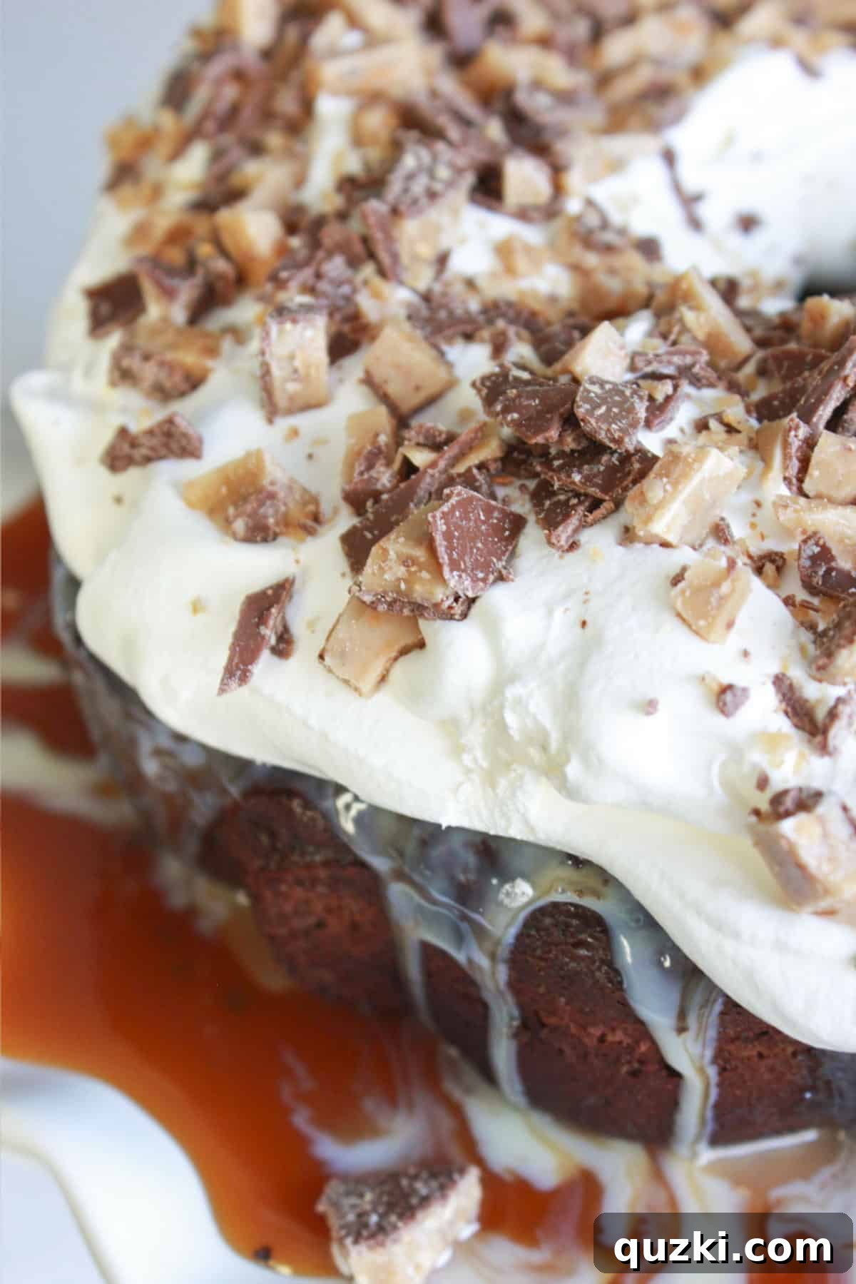 Stunning Christmas Bundt Cakes to Dazzle Your Guests 12 A close-up view of a Better Than Anything Bundt Cake, adorned with creamy topping and crunchy toffee pieces.