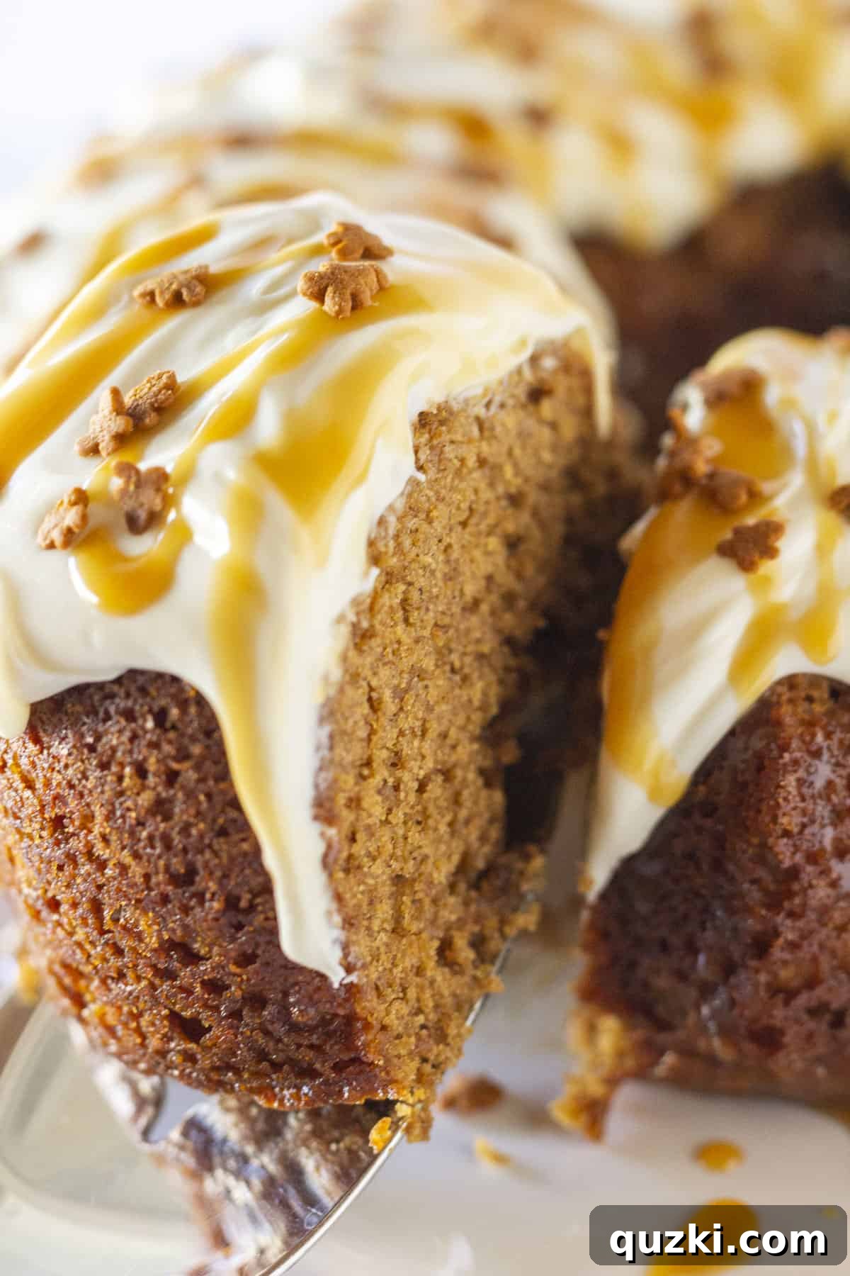 Stunning Christmas Bundt Cakes to Dazzle Your Guests 4 A slice of moist Gingerbread Bundt Cake being served, showcasing its rich, golden-brown crumb and festive appeal.
