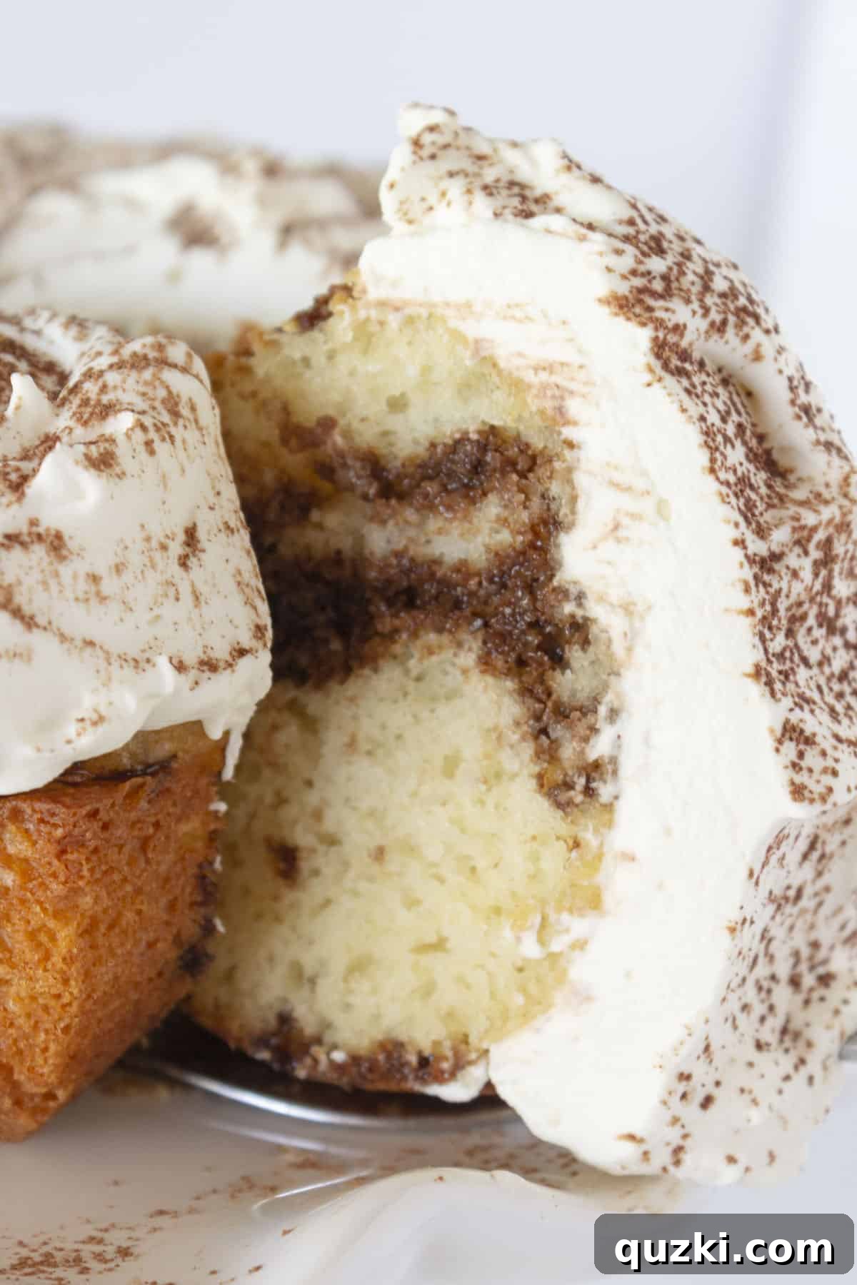Stunning Christmas Bundt Cakes to Dazzle Your Guests 6 A beautifully presented slice of Tiramisu Bundt Cake, showcasing its coffee-infused layers and dusting of cocoa powder.
