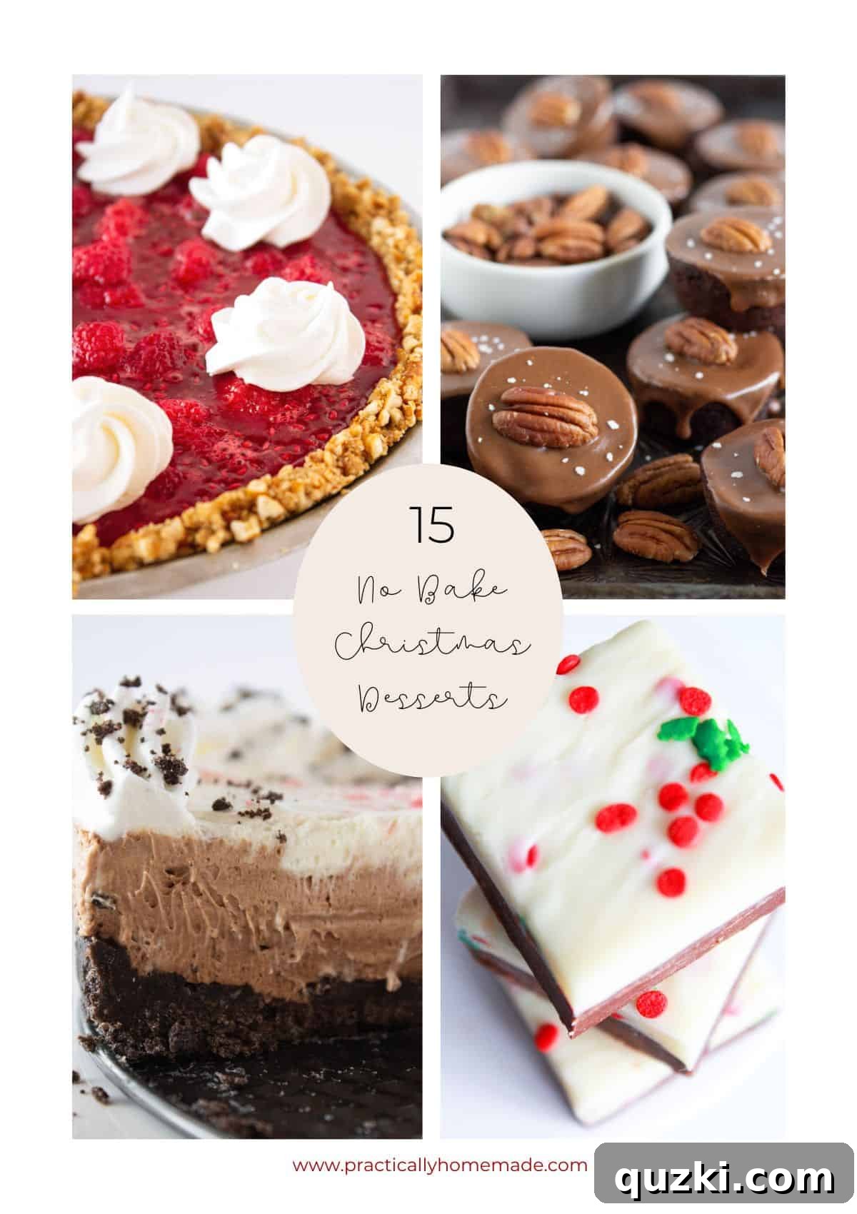A vibrant collage showcasing a variety of easy no-bake Christmas dessert ideas, including pies, bars, and cheesecakes, all beautifully decorated for the holidays.