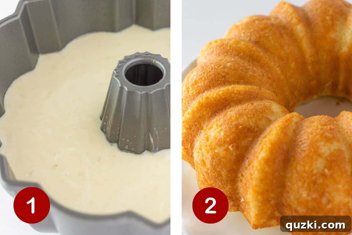 White Texas Sheet Bundt Cake Recipe 3 Pouring the smooth cake batter into a prepared Bundt pan and the cake baking to a golden brown.