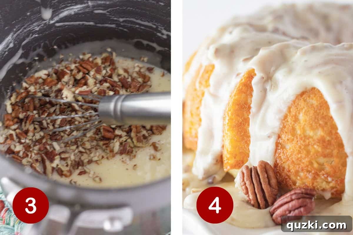 White Texas Sheet Bundt Cake Recipe 4 Preparing the buttery pecan frosting in a saucepan and generously pouring it over the cooled white sheet cake.