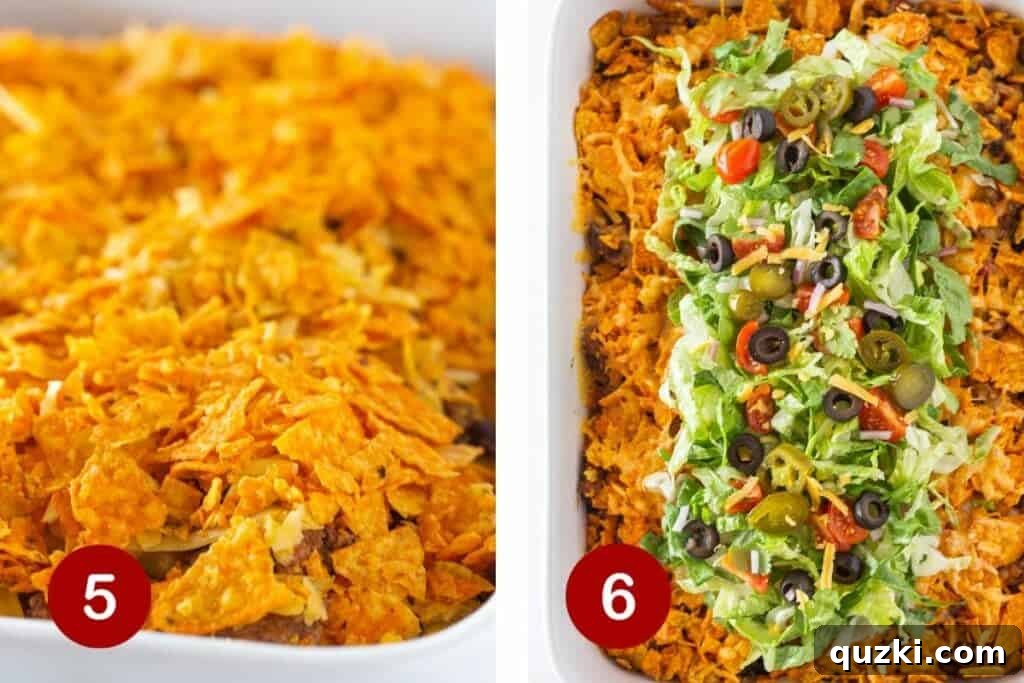 The Doritos casserole, baked and bubbly, freshly out of the oven and ready for toppings.