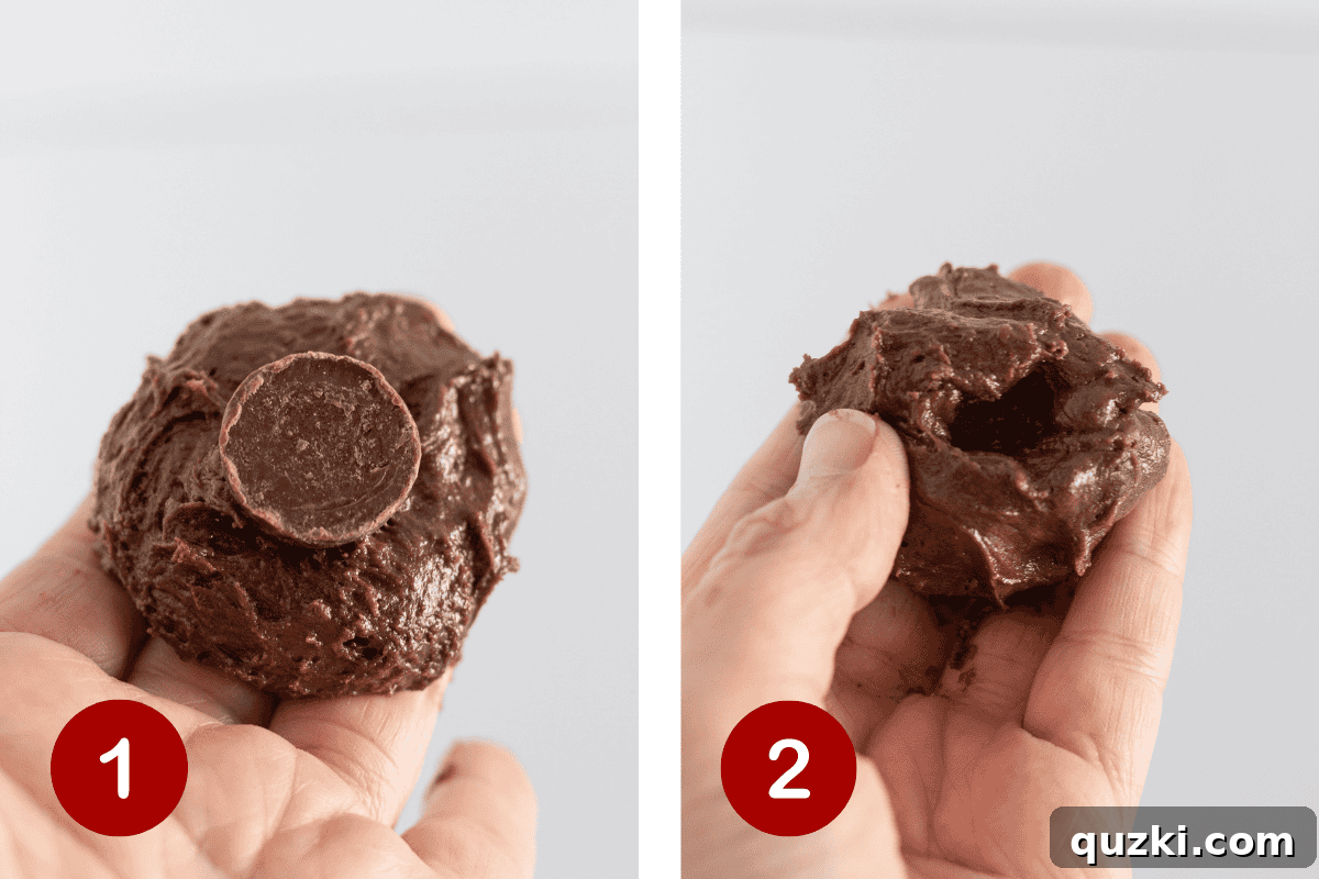 Simple Chocolate Pecan Turtle Cookies 4 Step-by-step imagery showing the creation of the cookie dough and the careful placement of a Rolo candy into its center.