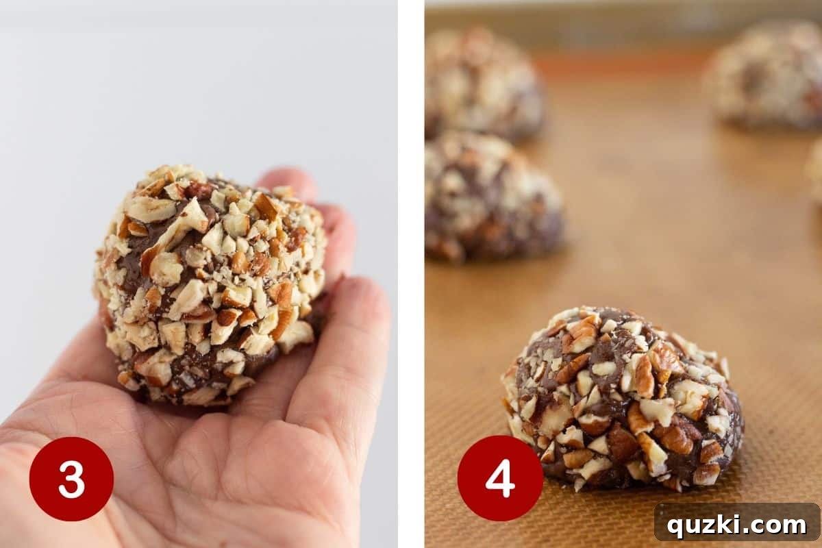 Simple Chocolate Pecan Turtle Cookies 5 The process of rolling the cookie dough in chopped pecans and carefully arranging them onto a baking sheet before oven placement.