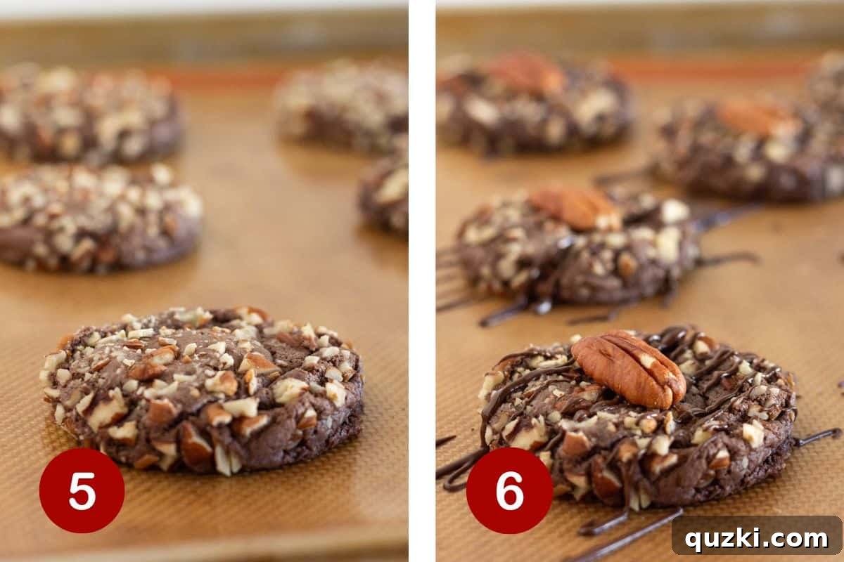 Simple Chocolate Pecan Turtle Cookies 6 The complete baking process, from placing cookies on the tray to adding the final chocolate drizzle and pecan half for decoration.