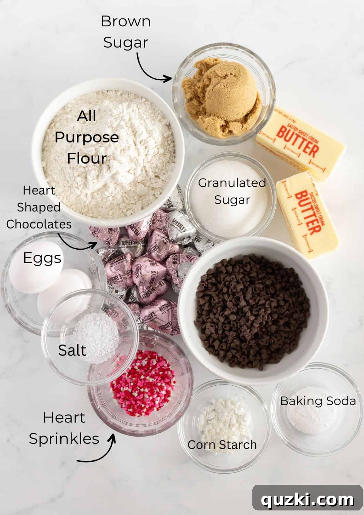 Sweetheart Chocolate Chip Cookies 3 The ingredients needed to make a batch of Valentine's Day Chocolate Chip Cookies, laid out beautifully on a kitchen counter.