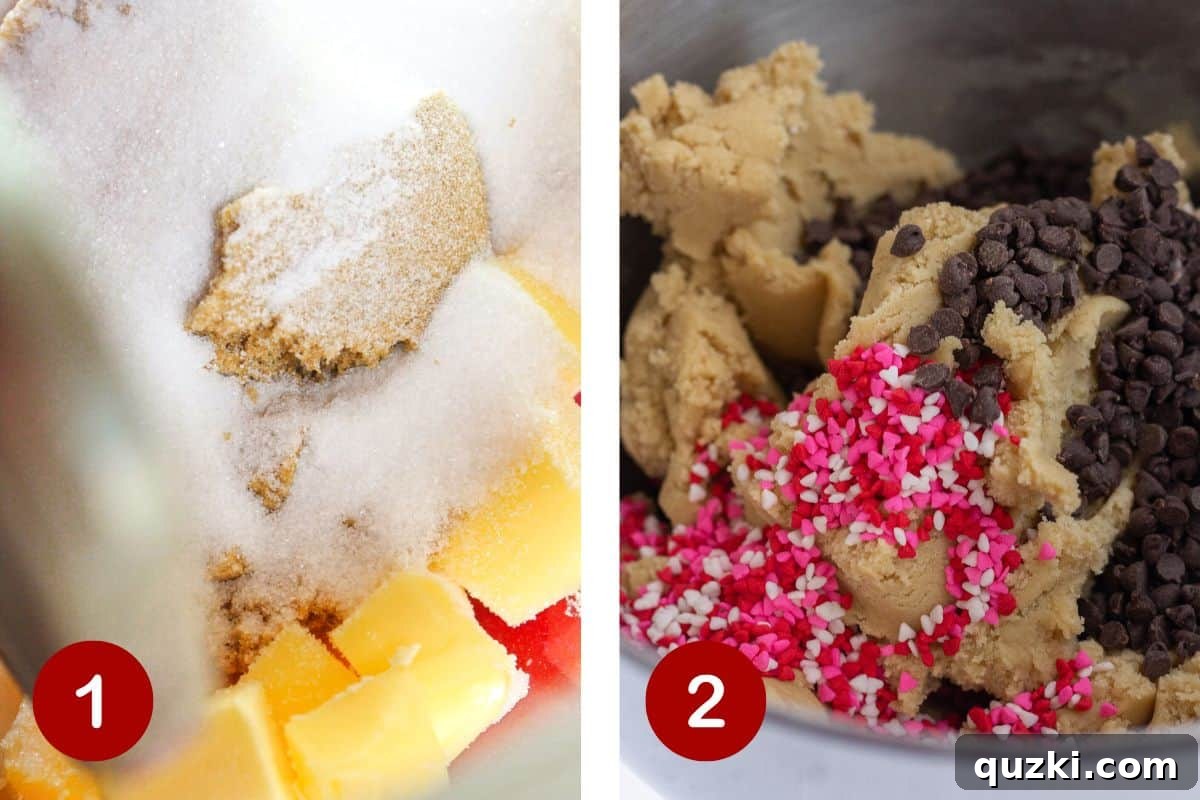 Sweetheart Chocolate Chip Cookies 4 Photos depicting the initial steps of making Valentine's Day Chocolate Chip Cookies: creaming butter and sugar, then mixing in eggs and dry ingredients.