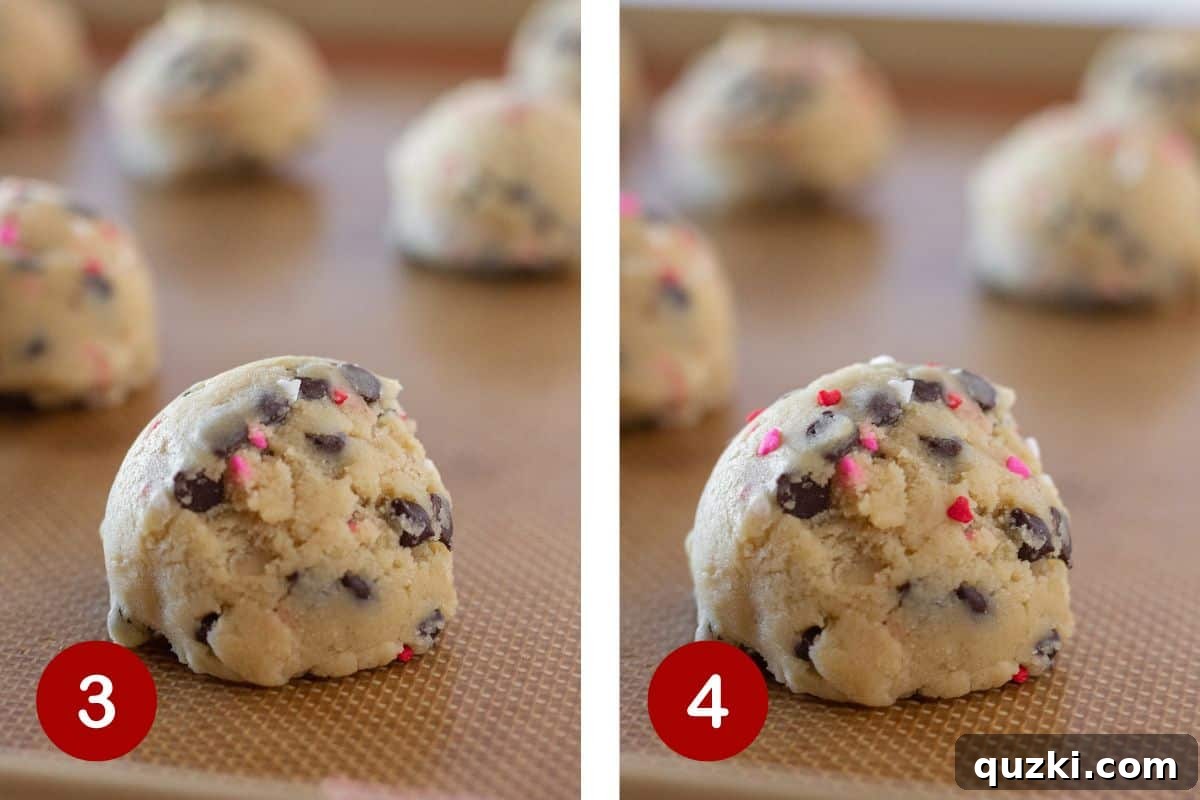 Sweetheart Chocolate Chip Cookies 5 Photos of scooping cookie dough onto a baking sheet and adding extra sprinkles, steps 3 & 4 for making Valentine's Chocolate Chip Cookies.