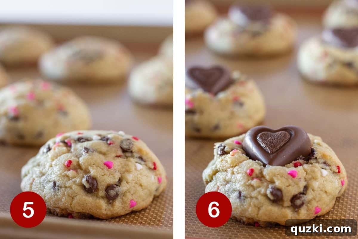 Sweetheart Chocolate Chip Cookies 6 Steps 5 and 6 of making Valentine's Day Cookies, including baking and the crucial step of adding the chocolate heart to the middle of each cookie.