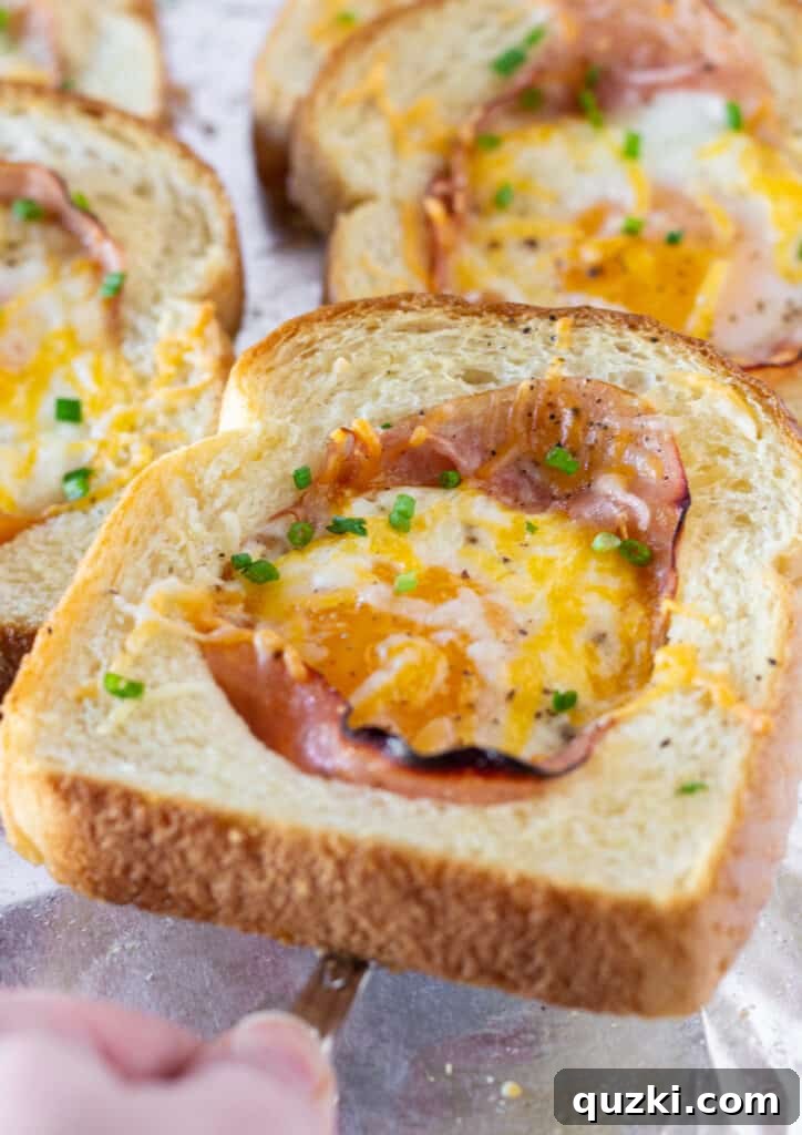 Multiple Sheet Pan Ham and Eggs in a Hole arranged on a baking sheet, showcasing the ease of preparing a batch for family or guests