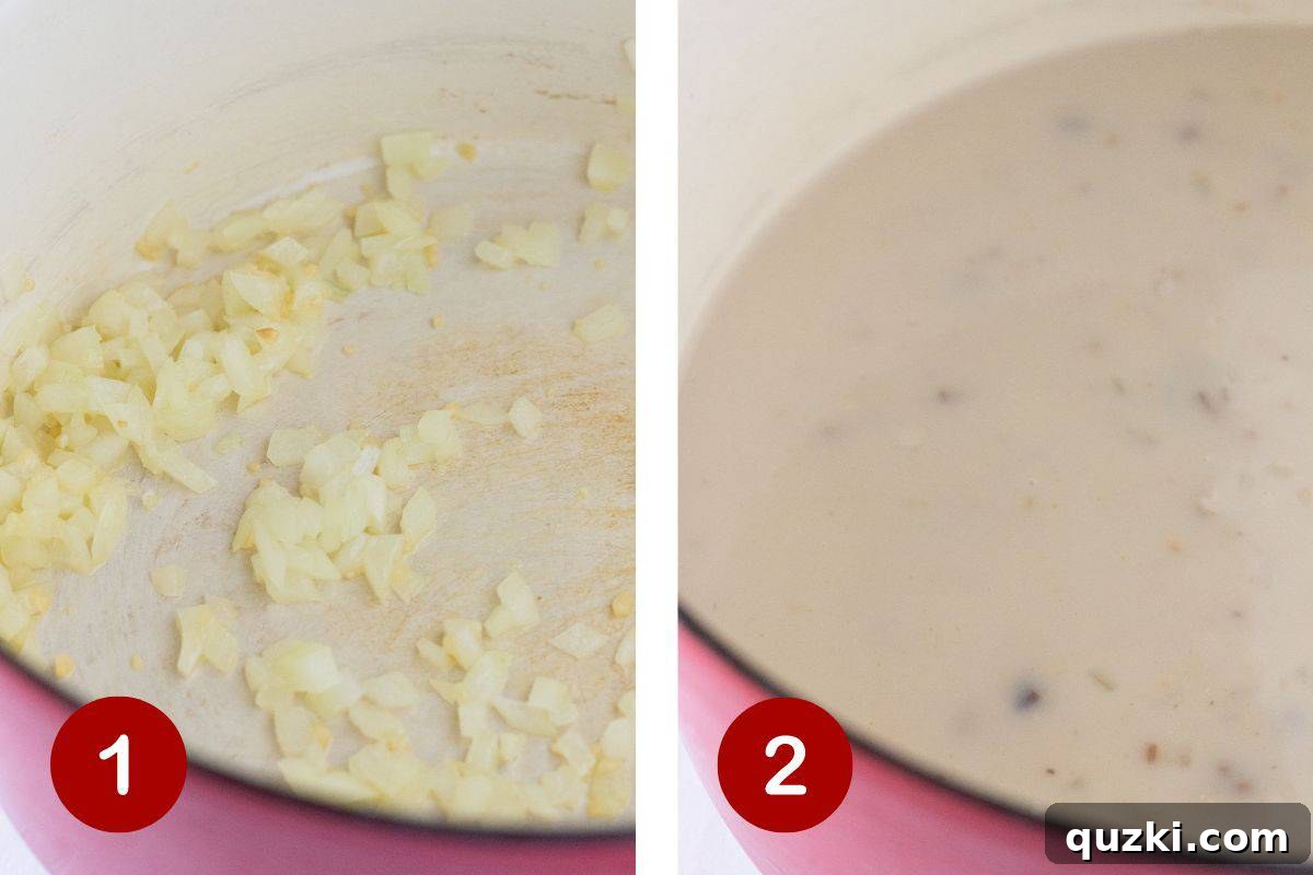 Step-by-step photos showing onions sautéing and the creamy sauce being made for the casserole filling.
