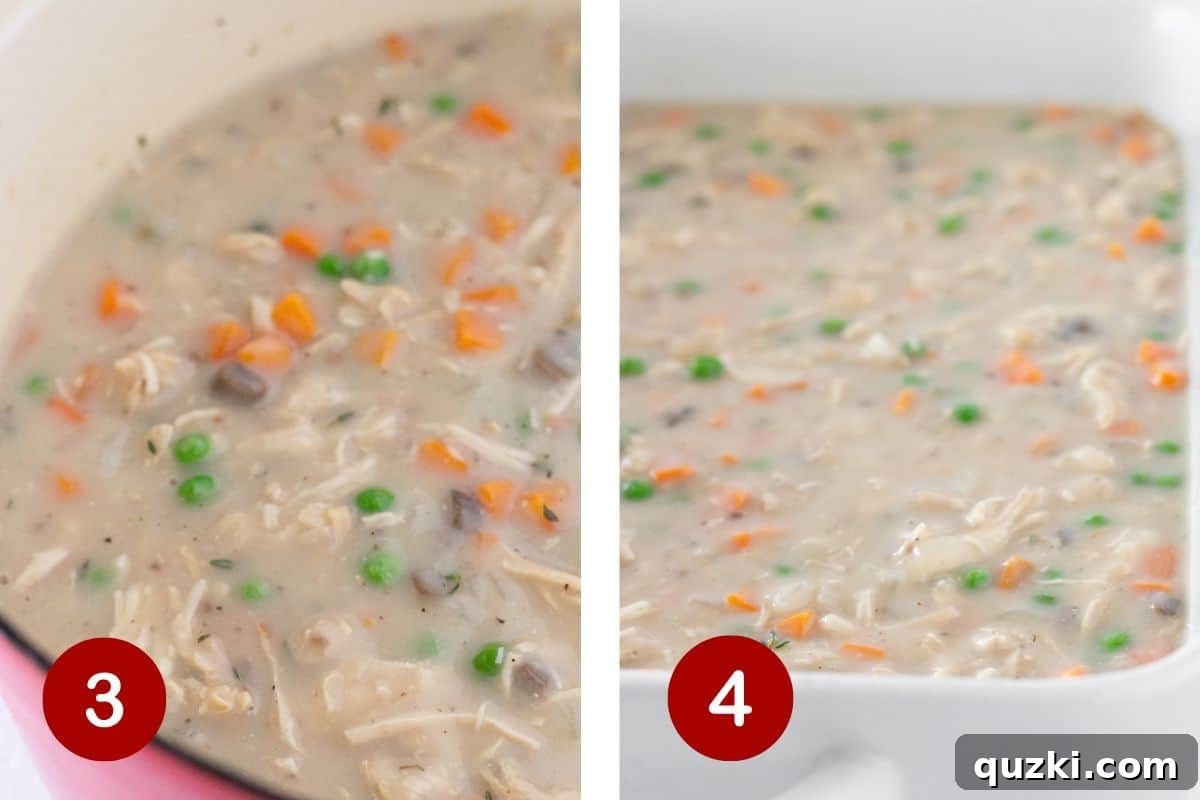 Images showing the cooked chicken and vegetables added to the sauce, then poured into a baking dish.