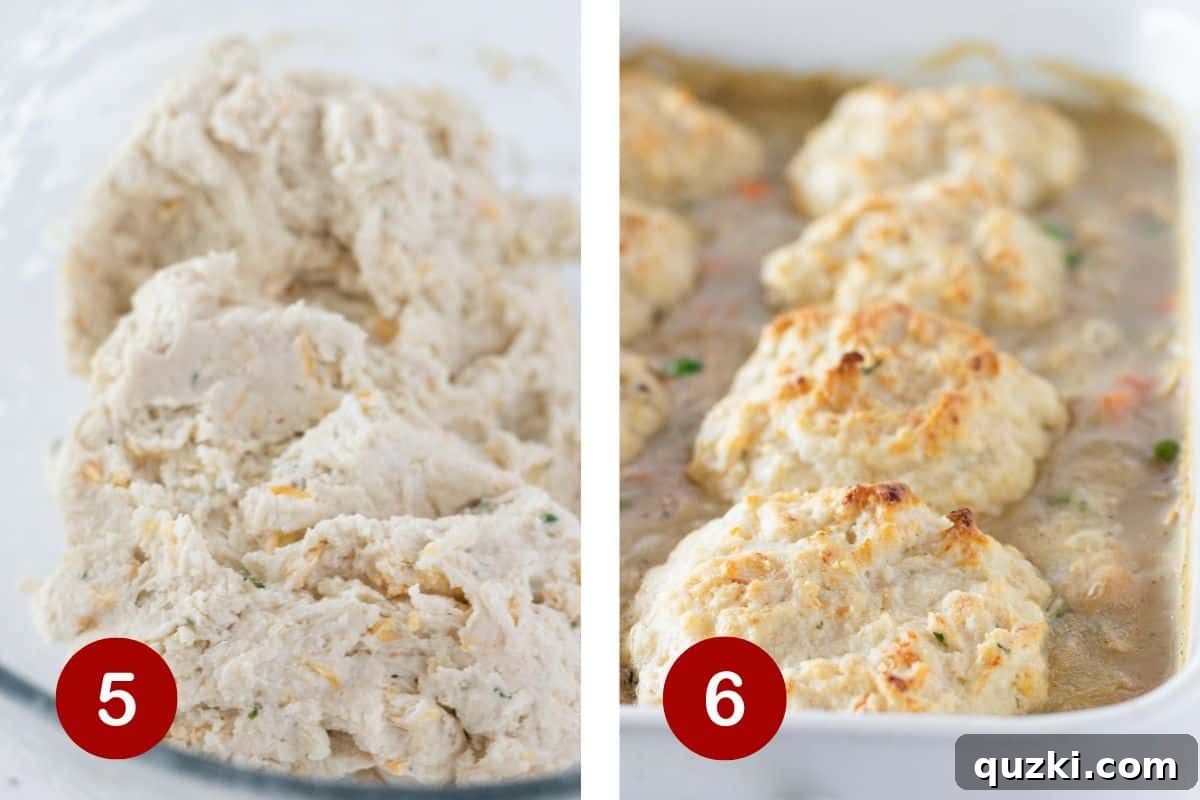 Preparing biscuit dough, placing it on top of the casserole, and the finished baked dish.