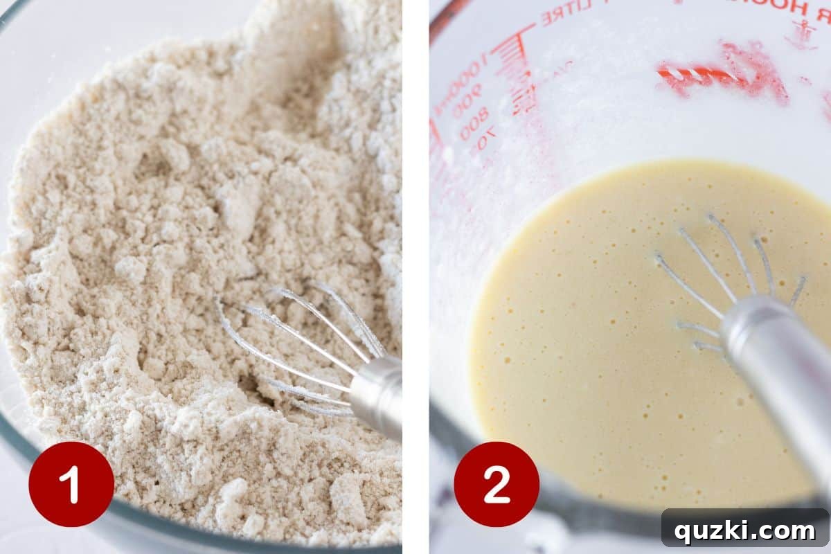 Step 1 of making pancake mix muffins: Whisking together the dry ingredients (pancake mix and brown sugar) in a bowl to remove any lumps.