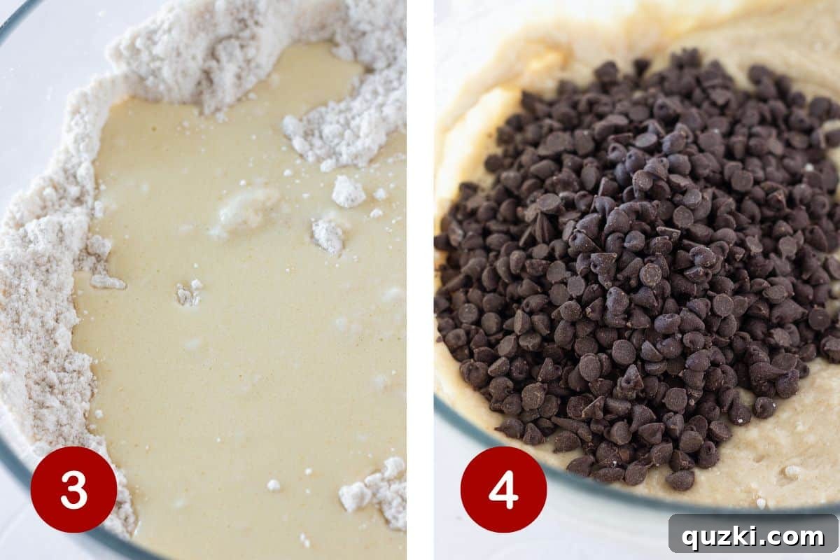 Step 3 and 4 of making pancake mix muffins: Combining the wet and dry ingredients until just mixed, then gently folding in mini chocolate chips into the muffin batter.