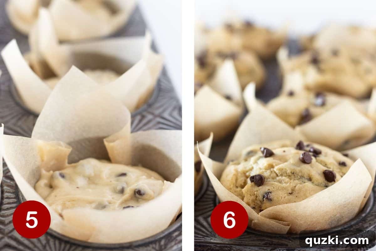 Step 5 and 6 of making pancake mix muffins: Filling muffin cups with batter using a scoop, and then showing the muffins baking to golden perfection in the oven.