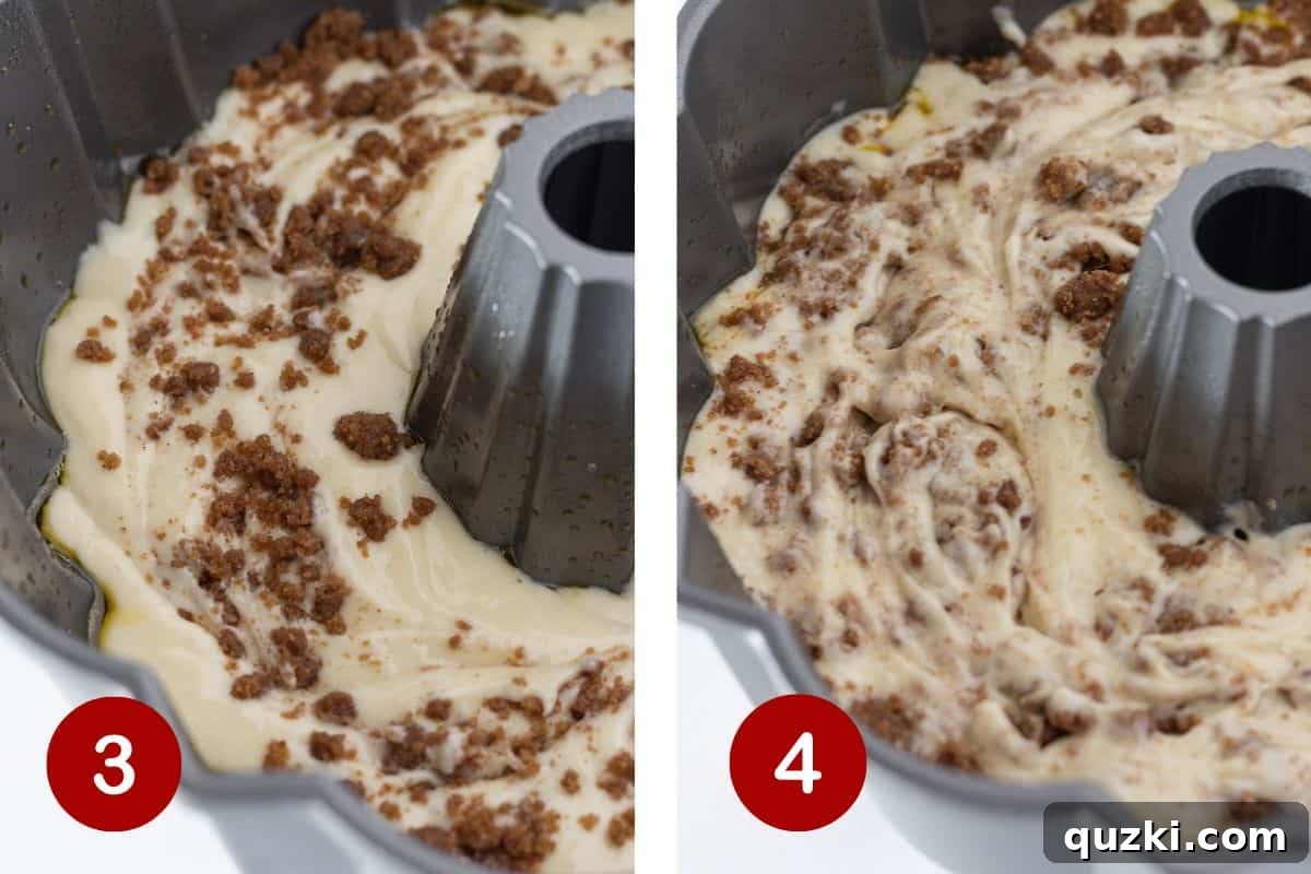 Layering cake batter and cinnamon mixture.