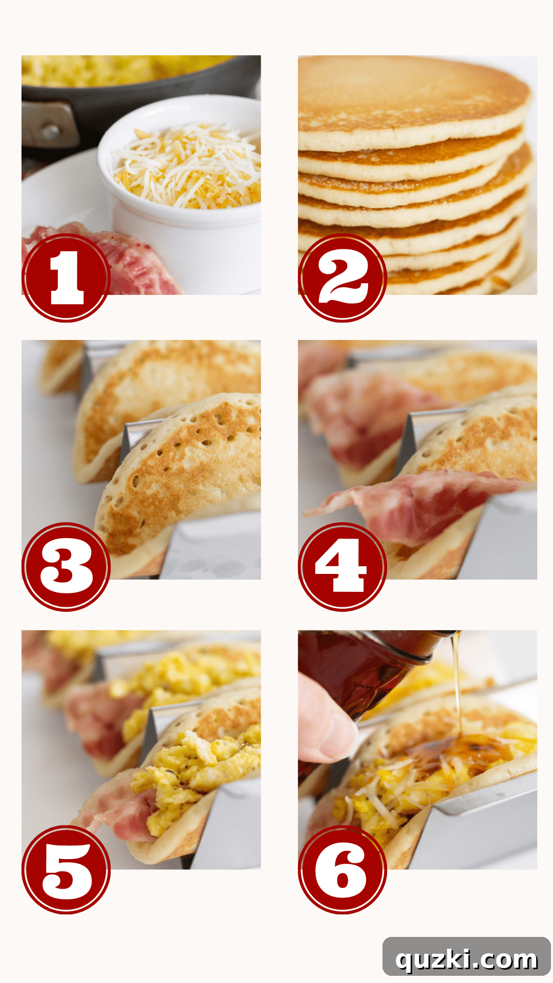 Flapjack Taco Twists 4 A visual guide depicting the six straightforward steps for creating delicious pancake tacos using frozen pancakes.