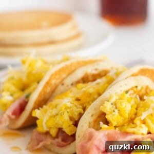 Easy Pancake Tacos, a breakfast recipe by top US food blogger, Practically Homemade